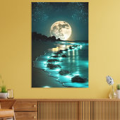 Mooie Full Moon Beach Ocean Sterrennacht Canvas Afdruk (Insitu (Woonkamer))