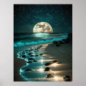 Mooie Full Moon Beach Ocean Sterrennacht Poster (Voorkant)