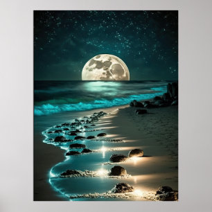 Mooie Full Moon Beach Ocean Sterrennacht Poster
