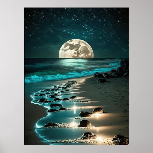 Mooie Full Moon Beach Ocean Sterrennacht Poster (Voorkant)