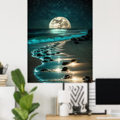 Mooie Full Moon Beach Ocean Sterrennacht Poster (Thuiskantoor)