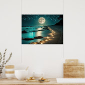 Mooie Full Moon Beach Ocean Sterrennacht Poster (Keuken)