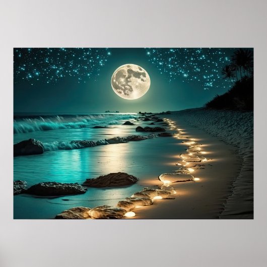 Mooie Full Moon Beach Ocean Sterrennacht Poster (Voorkant)