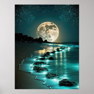 Mooie Full Moon Beach Ocean Sterrennacht Poster