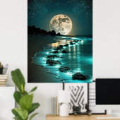 Mooie Full Moon Beach Ocean Sterrennacht Poster (Thuiskantoor)