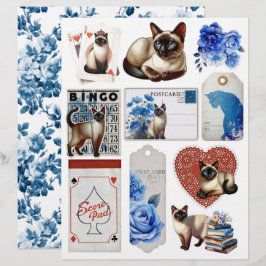 Mooie Fussy Cuts met Siamese Kat & Blauwe Rozen