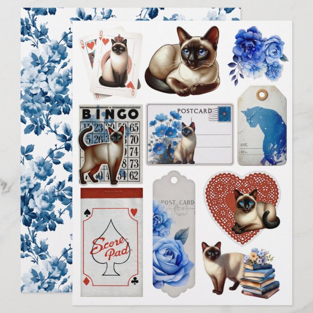 Mooie Fussy Cuts met Siamese Kat & Blauwe Rozen (Voorkant / Achterkant)