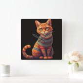 Mooie Gebatikte Kat Illustratie Folk Art Stijl Vierkante Klok (Huis)