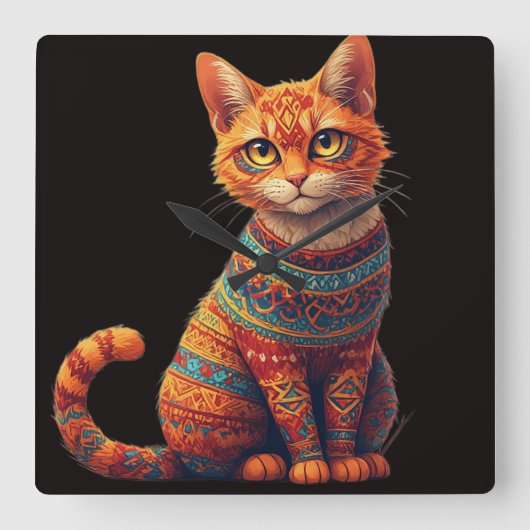 Mooie Gebatikte Kat Illustratie Folk Art Stijl Vierkante Klok (Voorkant)