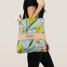 Mooie, geborduurde retro bloemen Blue patroon Tote Bag