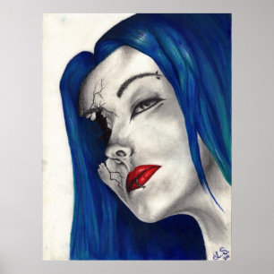 Mooie Gebroken Fantasy Goth Meisje Blauwe Haar Kun Poster