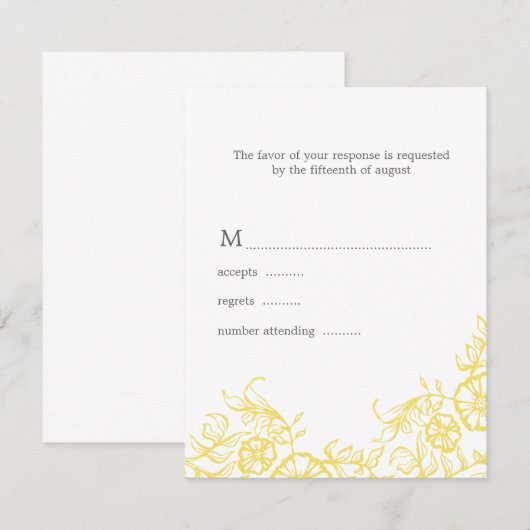 Mooie Geel & Grijs Bloemen Huwelijksreactie RSVP Kaartje (Voorkant / Achterkant)