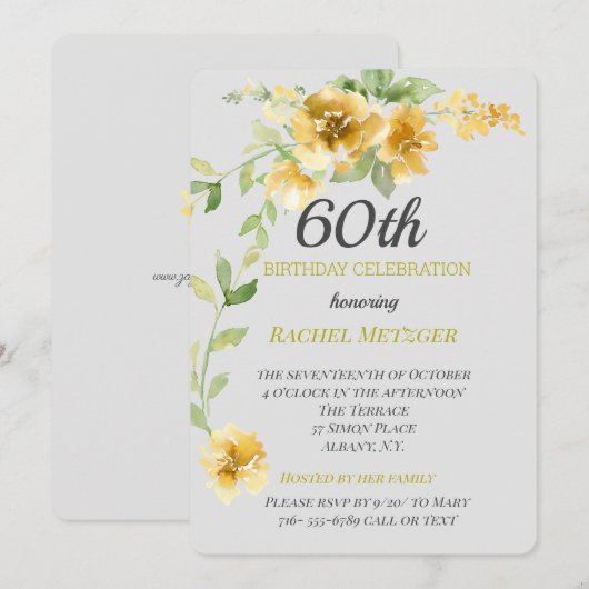Mooie Geel/Grijze Floral Birthday-uitnodiging Kaart (Voorkant / Achterkant)