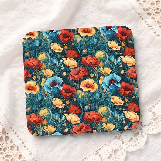 Mooie geel rood blauwe bloemen botanische print bier onderzetter