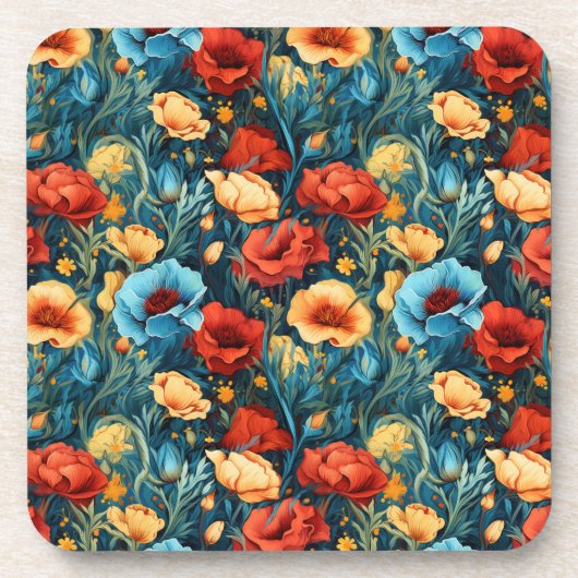 Mooie geel rood blauwe bloemen botanische print bier onderzetter (Voorkant)