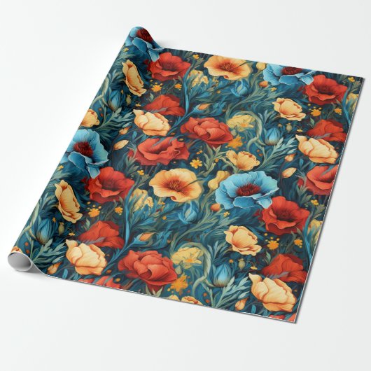 Mooie geel rood blauwe bloemen botanische print cadeaupapier (Uitgerold)