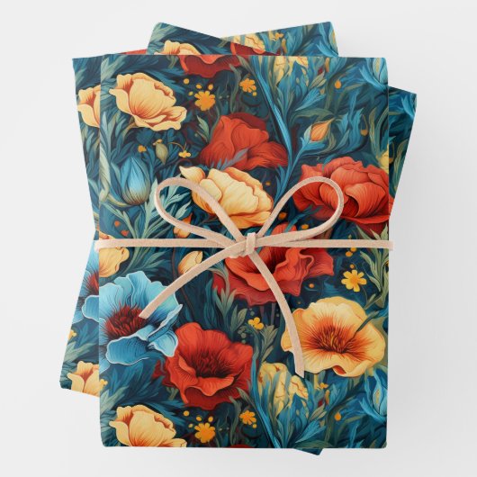 Mooie geel rood blauwe bloemen botanische print inpakpapier vel (In situ)