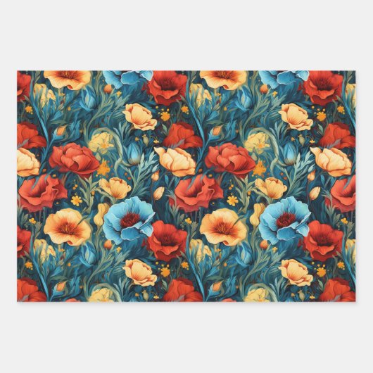 Mooie geel rood blauwe bloemen botanische print inpakpapier vel (Voorkant)