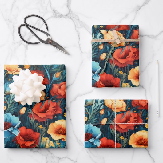 Mooie geel rood blauwe bloemen botanische print inpakpapier vel (Voorkant)