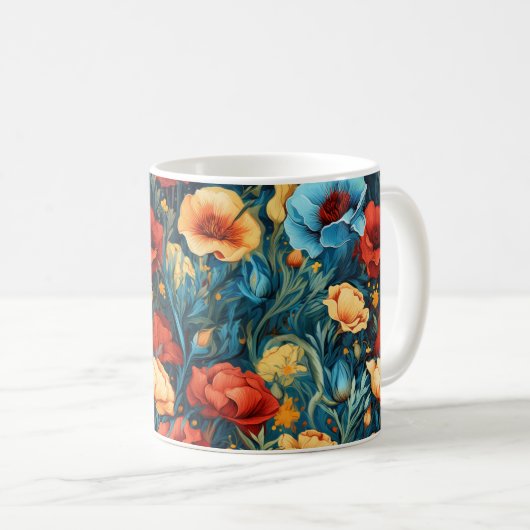 Mooie geel rood blauwe bloemen botanische print koffiemok (Voorkant rechts)