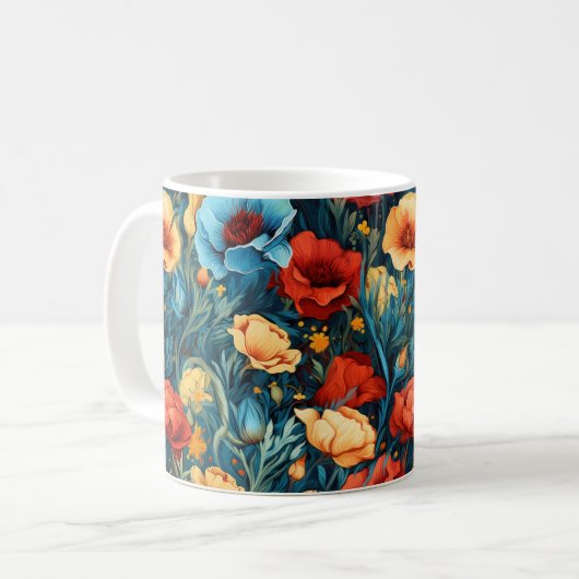 Mooie geel rood blauwe bloemen botanische print koffiemok (Voorkant links)