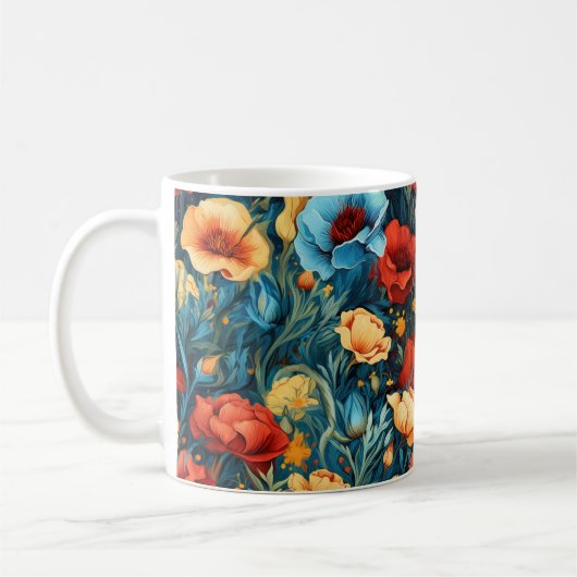 Mooie geel rood blauwe bloemen botanische print koffiemok (Links)