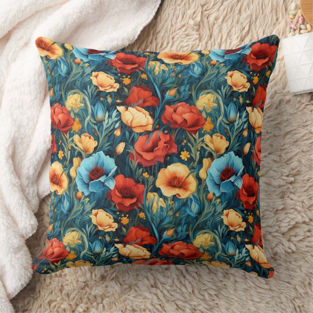 Mooie geel rood blauwe bloemen botanische print kussen (Deken)
