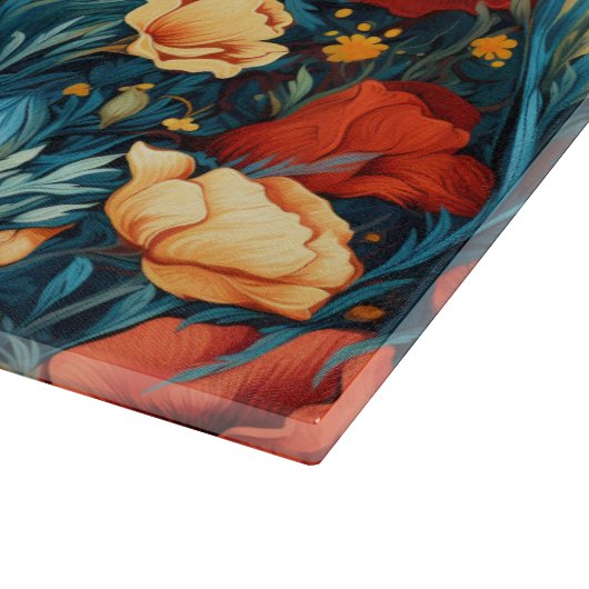 Mooie geel rood blauwe bloemen botanische print snijplank (Hoek)