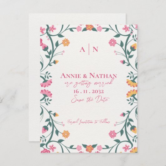 Mooie Geel Roze Bloemen Lijst bruiloft Aankondigingskaart (Voorkant / Achterkant)