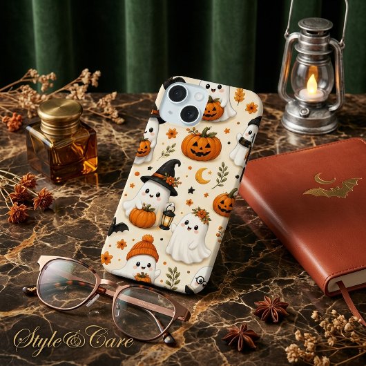 Mooie Geest & Pompoen Halloween Patroon iPhone 15 Case