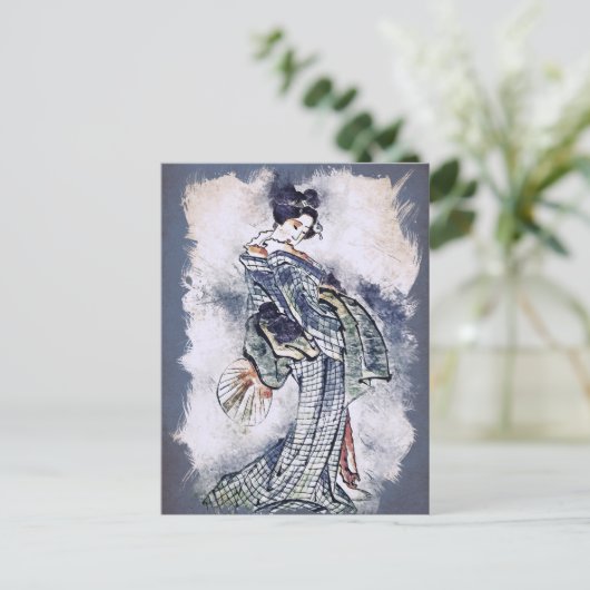 Mooie Geisha in Kimono  Waterverf Kunst Feestdagenkaart (Staand voorkant)
