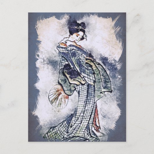 Mooie Geisha in Kimono  Waterverf Kunst Feestdagenkaart (Voorkant)