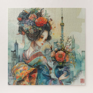 Mooie geisha met bloemen legpuzzel