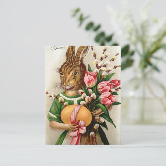 Mooie geklede paashaas dame feestdagenkaart (Staand voorkant)