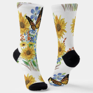 Mooie Gele Blauwe Bloemen met Vlinder  Sokken