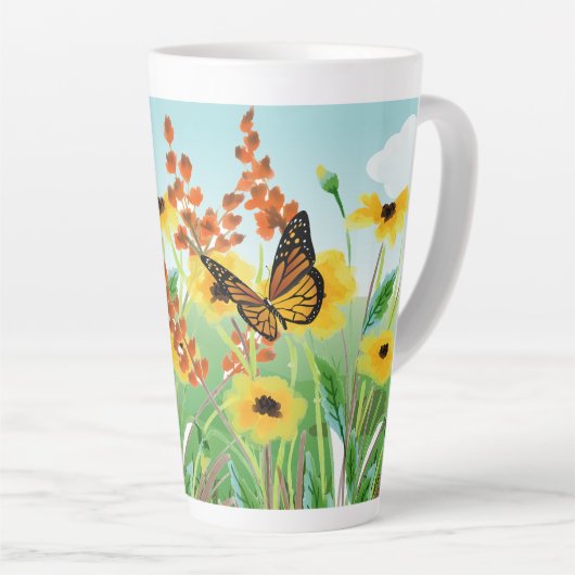 Mooie gele bloemen blauwe hemel en vlinder latte mok (Rechterhoek)