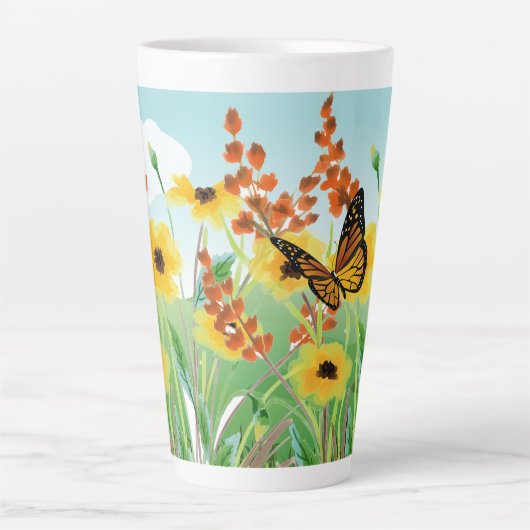 Mooie gele bloemen blauwe hemel en vlinder latte mok (Voorkant)