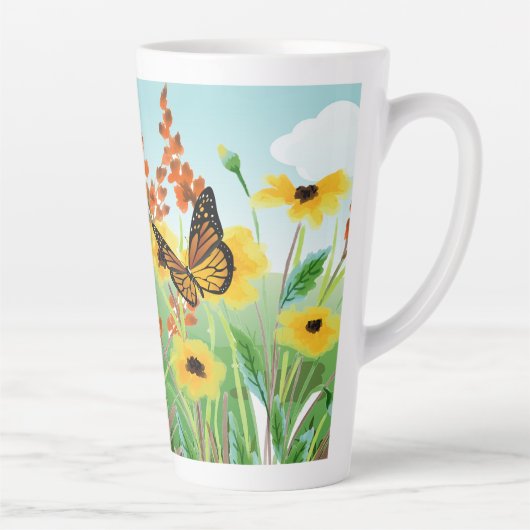 Mooie gele bloemen blauwe hemel en vlinder latte mok (Rechts)