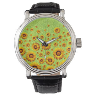 Mooie gele bloemen op abstract groen horloge