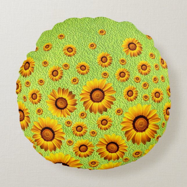 Mooie gele bloemen op abstract groen rond kussen (Voorkant)