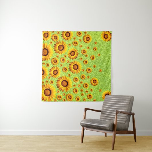 Mooie gele bloemen op abstract groen wandkleed (In Situ (horizontaal))