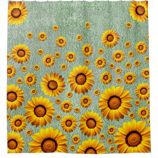 Mooie gele bloemen op donkerkalkgroen douchegordijn (Voorkant)