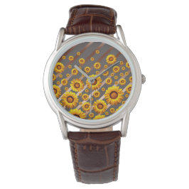 Mooie gele bloemen op grijze, bruine strepen horloge
