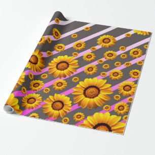 Mooie gele bloemen op grijze, roze strepen cadeaupapier