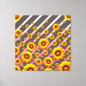 Mooie gele bloemen op grijze, roze strepen canvas afdruk (Voorkant)