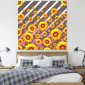 Mooie gele bloemen op grijze, roze strepen canvas afdruk (Insitu (Slaapkamer))