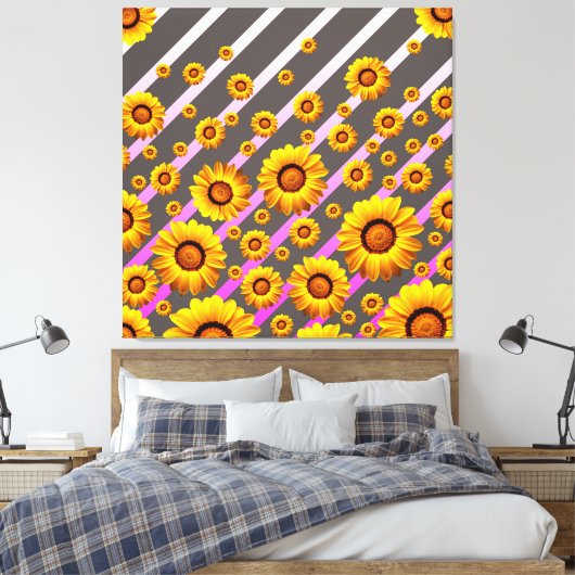 Mooie gele bloemen op grijze, roze strepen canvas afdruk (Insitu (Slaapkamer))
