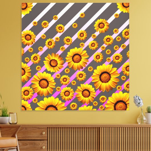 Mooie gele bloemen op grijze, roze strepen canvas afdruk (Insitu (Woonkamer))