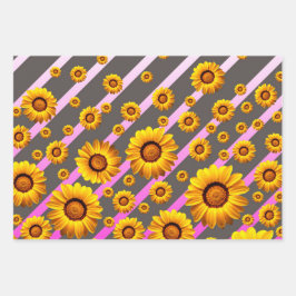 Mooie gele bloemen op grijze, roze strepen inpakpapier vel