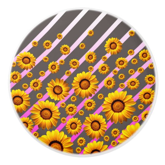 Mooie gele bloemen op grijze, roze strepen keramische knop (Voorkant)